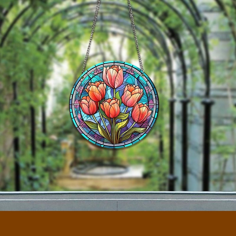 HOTIYOK Red Tulips Flower Acrylic Window Hangings Retro Stained Window & Wall Decor, Ideal Housewarming Gift, Home Decor for Mom, Grandma, Wife, Teacher, Floral Lover - Image 2